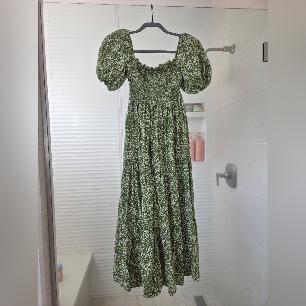 Abercrombie Smocked Bodice Linen-Blend Midi Dress Green Pattern - Picture 3 of 4